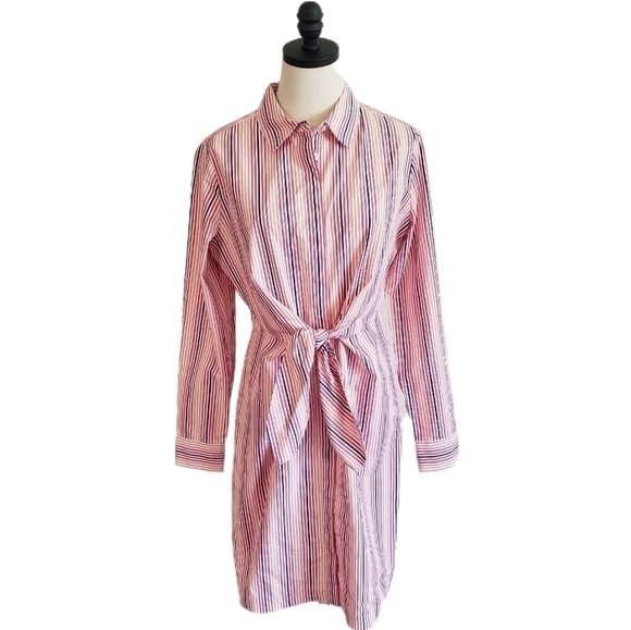 Calvin Klein Long Sleeve Tie Front Shirt Dress Button Front Striped Size 8 NWOT - Picture 1 of 5